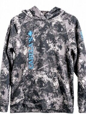 Cabela’s Youth Gray Black Blue Camo Pullover Hoodie Kangaroo Pocket